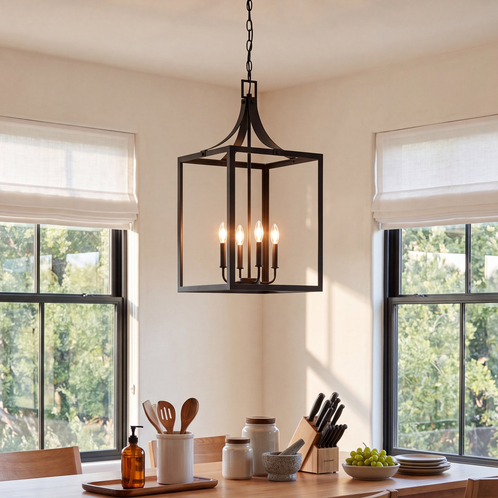Carla 4 - Light Dimmable Lantern Chandelier, Black, 27.25" H x 14" W x 14" D, No