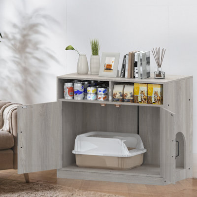 Gray Wooden Litter Box Enclosure Cabinet Hidden Cat Toilet With Storage, Easy-Clean Pet Furniture For Home