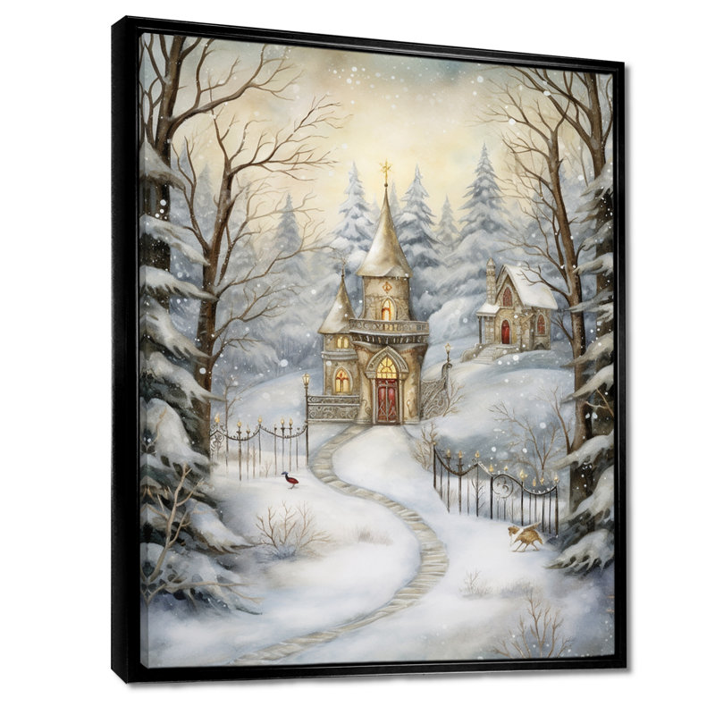 «Snowy Little Christmas Forest Town - Forest and River», reproduction d'art mural, Toile avec cadre flottant noir