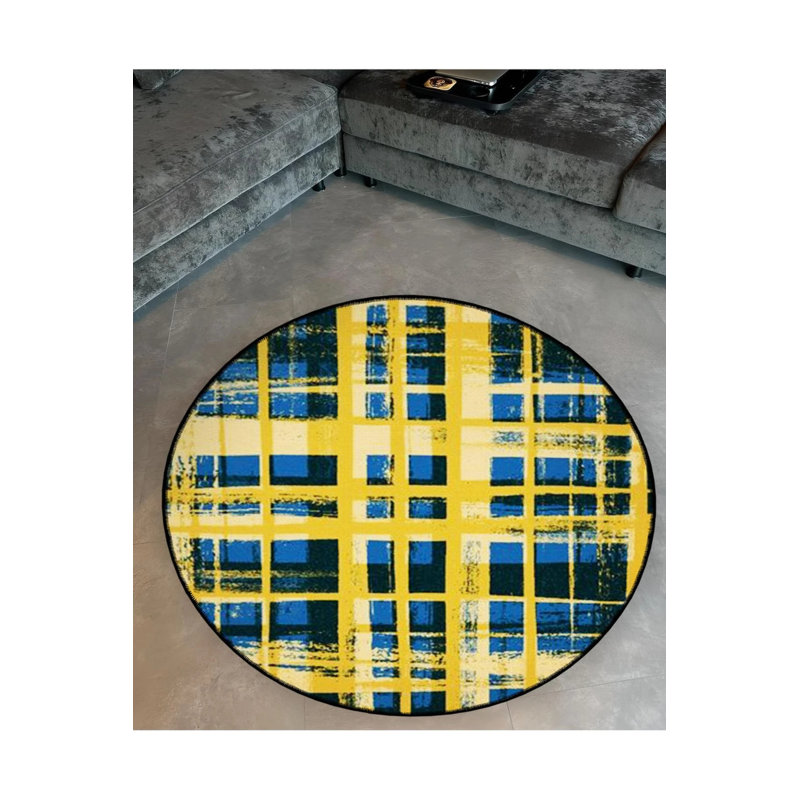 Yellow And Navy Blue Plaid Detailed Woven Base Modern Decorative Carpet, Round 3'4"
