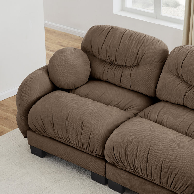 Modern Oversized Cloud Chenille Modular Loveseat, Pleated Design Curved Armrest 2 Seater Comfy Sectional Sofa Couch, Brown
