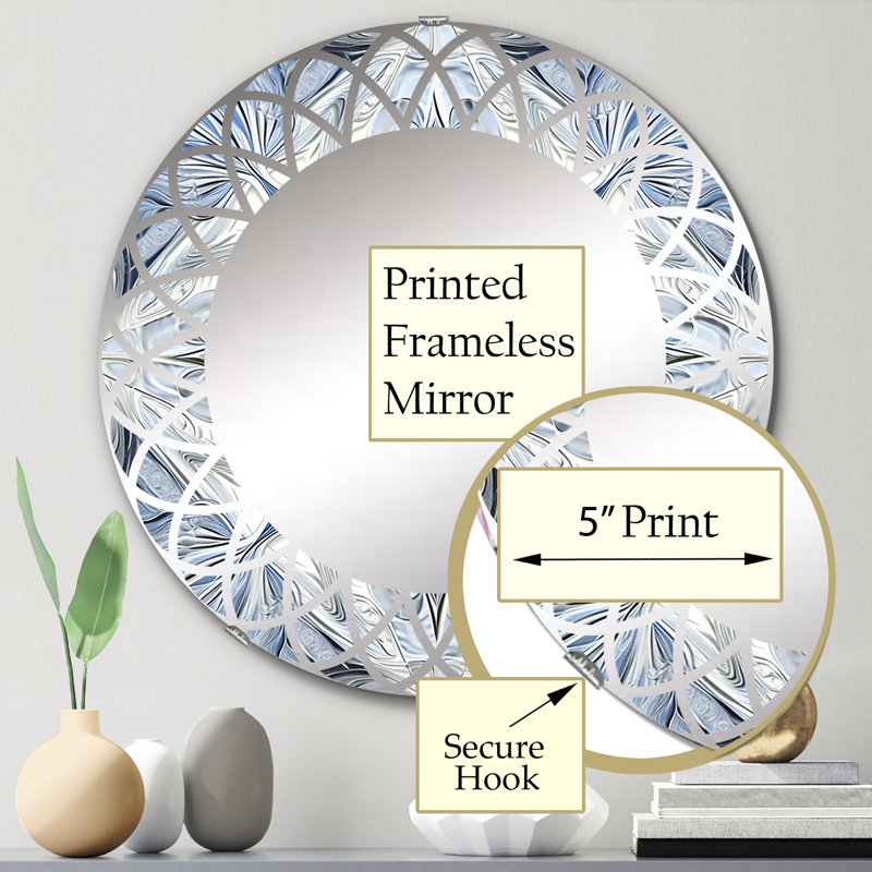Schelbert Turquoise and White Fractal Flowers I - Round Wall Mirror, 24" x 24"