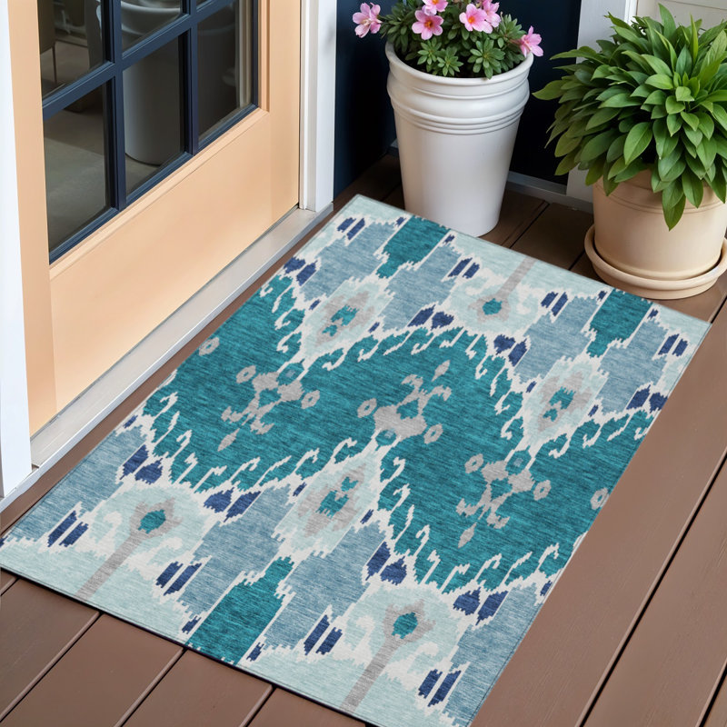 HomeRoots 3' X 5' Teal Blue Navy Blue And Gray Ikat Washable Indoor Outdoor Area Rug