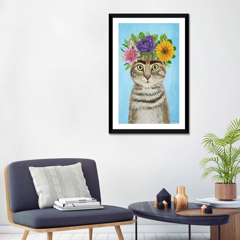 « Frida Kahlo Cat Blue » par coco de Paris-impression, Papier encadré noir, Blanc, H 32 po x l 24 po x P 1 po