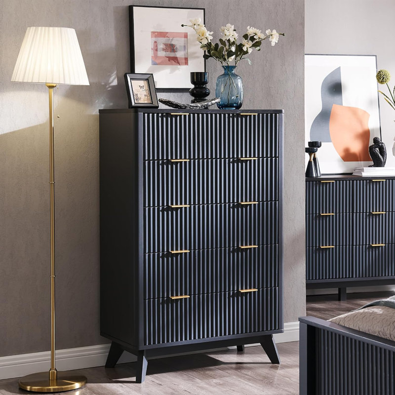 Siyuan Fluted Design 5-Drawers Dresser Organizer, Wood Tall Chest of Drawers, Dark Gray
