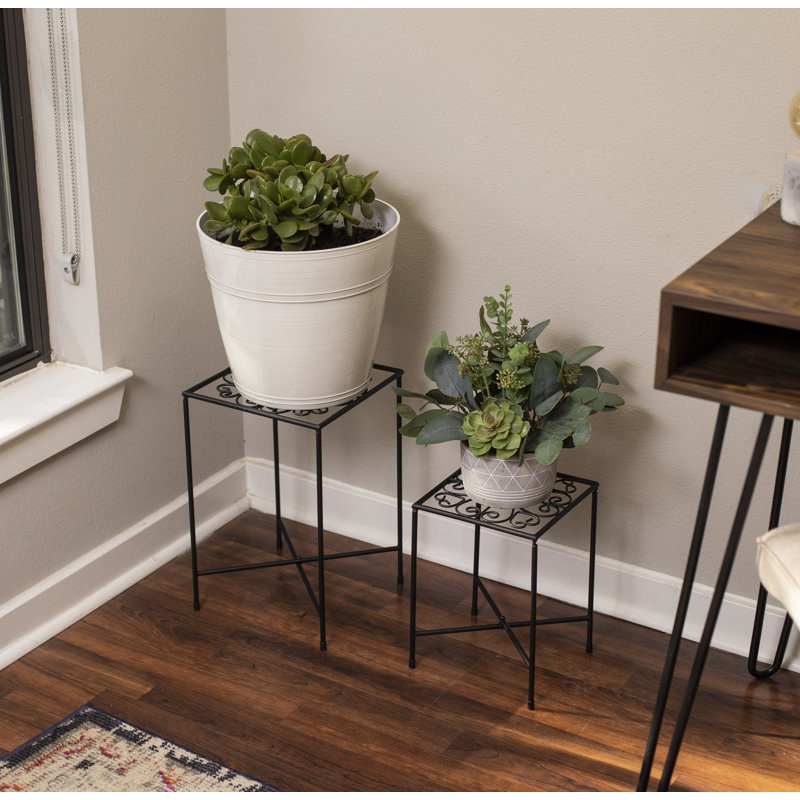 Black Iron Scroll Design Indoor Plant Stands, Set of 2