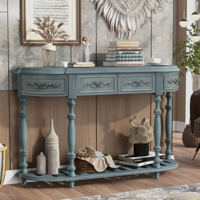 Console moderne avec tablette et tiroirs, 1 tiroir 4 tiroirs, bleu antique, bois massif pour le salon, finition bleue, fabrication