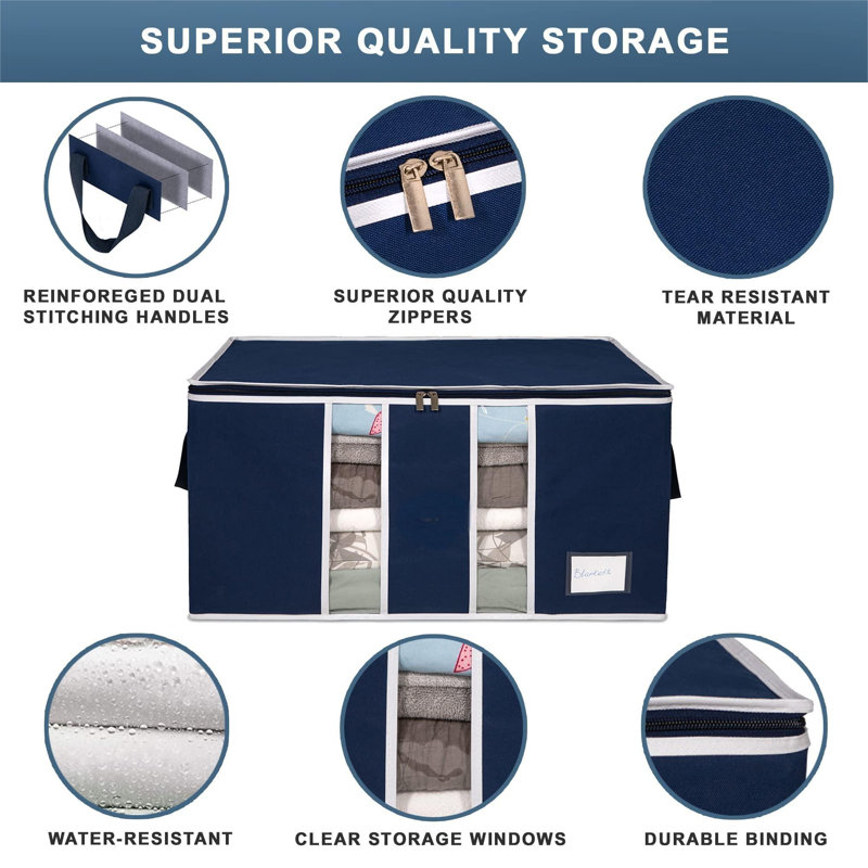 Clothes Storage Bag Organizer For, Blankets, Clothing, Comforters And Bedding Sets,Stackable With Zippers,Clear Window,( Blue/3 Pack)