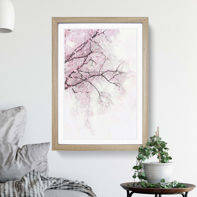 A Pink Cherry Blossom Tree Abstract Art - Picture Frame Graphic Art Print, 36cm H x 27cm W x 2cm D, Oak Framed