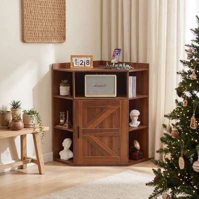 Corner Cabinet With Charging Station, Modern Home Office Storage Cabinet With 2 Outlets And 2 USB Ports, Triangle Bookshelf And Printer Stand With Barn Door For Small Spaces
