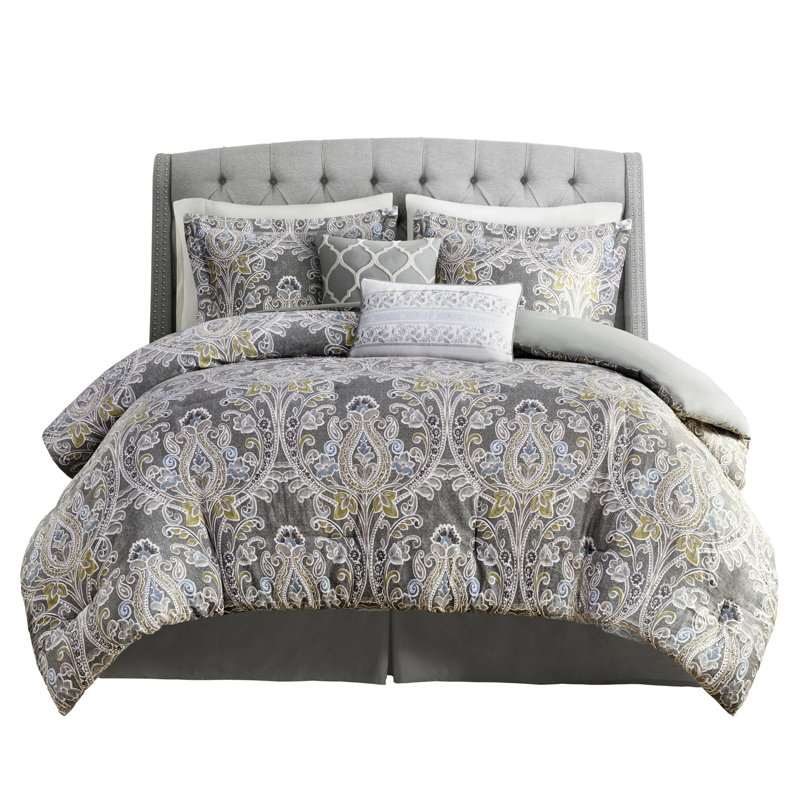 Édredon 6 pièces en coton pour très grand lit - Gris avec jupe de lit 100%, Édredon de très grande taille et 5 pièces suppl