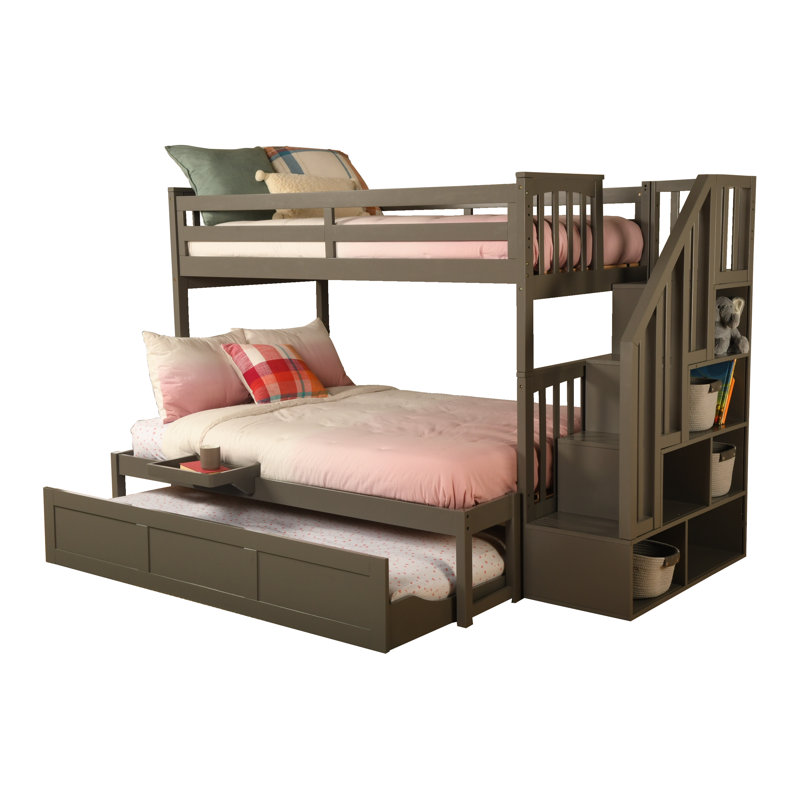Huneycutt Bunk Bed With Trundle And Tray In Dark Chocolate, Mattresses Not Included, Gray, Twin over Full