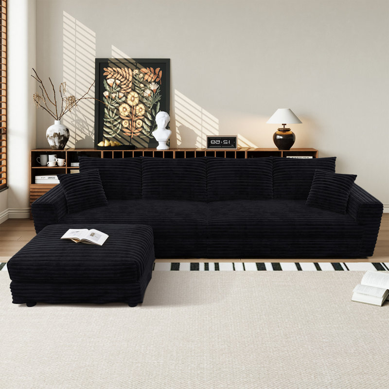 Nerissa 102.4" Corduroy Modular Cloud Couch Comfy Sofa with One Ottoman, Black