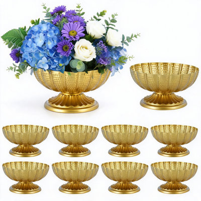 Set of 10 Gold Metal Pedestal Flower Vases with Chrysanthemum Texture, Vintage Compote Urn Centerpieces for Wedding Banquet Table, Gold