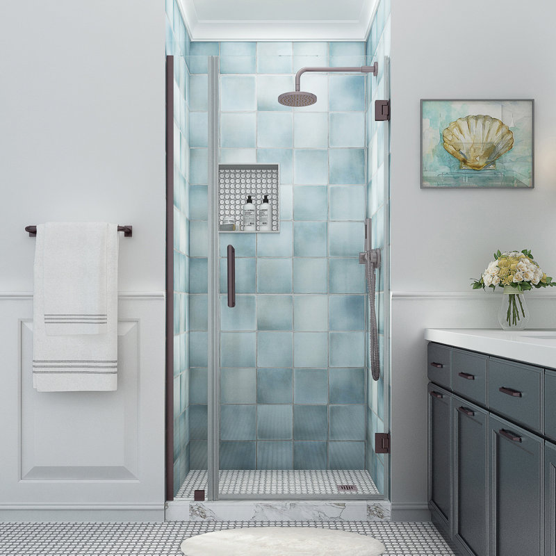 Belmore XL 29.25 - 30.25 in. x 80 in. Frameless Hinged Shower Door with Ultra-Bright  Glass, Bronze, Clear Glass