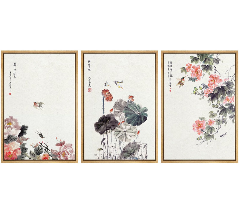 Décoration murale moderne à l'encre de chine, fleurs et oiseaux, H 36 po x l 72 po, Cadre naturel flottant