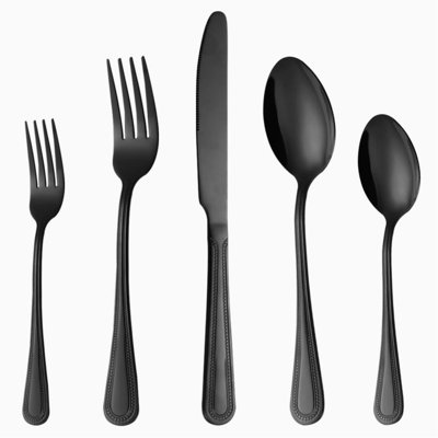 20-Piece Black Stainless Steel Flatware Set For 4 With Pearled Edge Handle, Dishwasher Safe