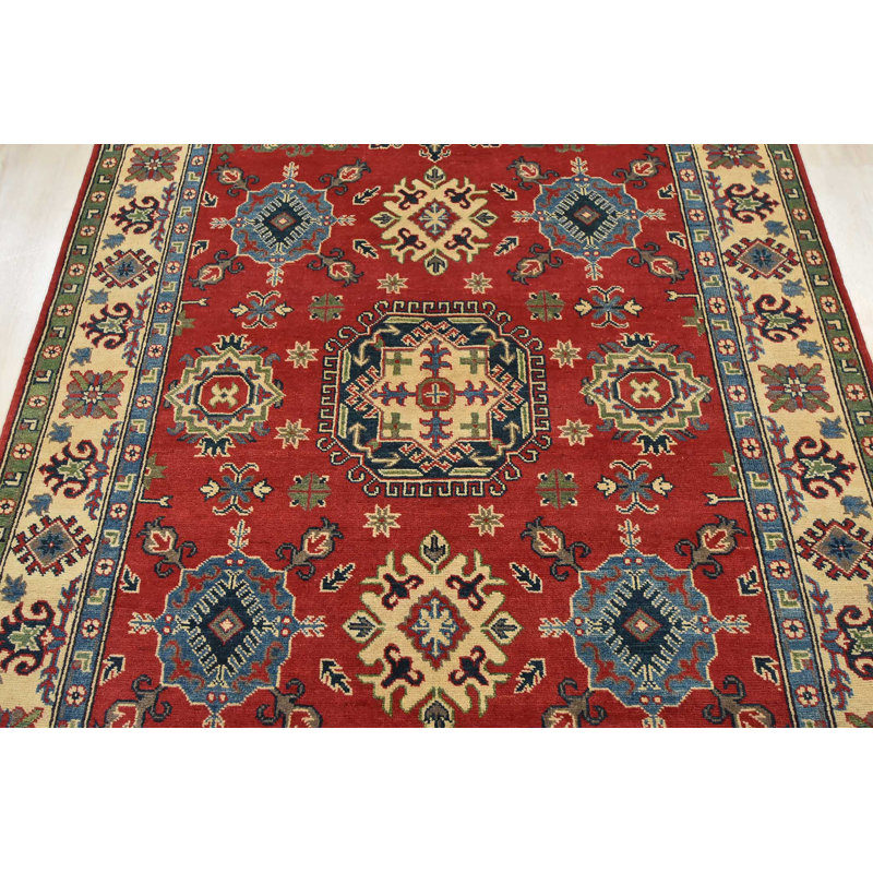Tapis décoratif en laine rouge de conception unique 5 pi x 6 pi 10 po Kazak noué à la main