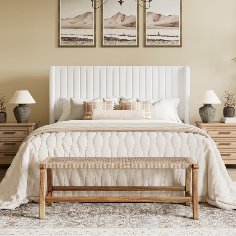 Candler Velvet Upholstered Platform Bed with Wingback Headboard and Wooden Slats, Full, White
