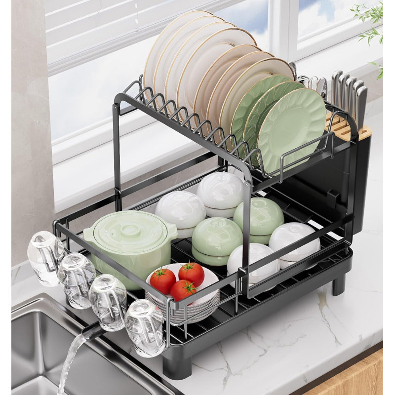 Égouttoir à vaisselle de comptoir à 2 niveaux, grand modèle, noir, antirouille, avec plateau d'égouttage, porte-ustensiles et porte-tasses pour le rangement de la cuisine