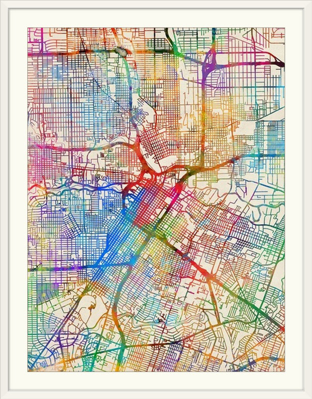 «Houston Texas City Street Map» par Francy, impression, H 24 po x l 20 po x P 1 po, Cadre blanc