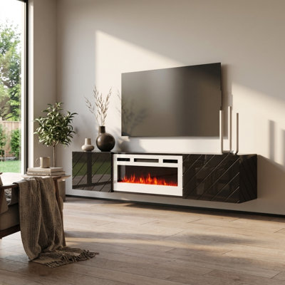 Gofried 72" Modern TV Stand with Electric Fireplace, High Gloss Finish, Wall-Mounted