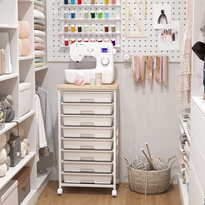 Chariot de rangement roulant avec 8 tiroirs, organisateur mobile avec plateau en bois pour l'organisation de cosmétiques de bureau, de salle de classe, de dortoir, de salle de bain et de maquillage