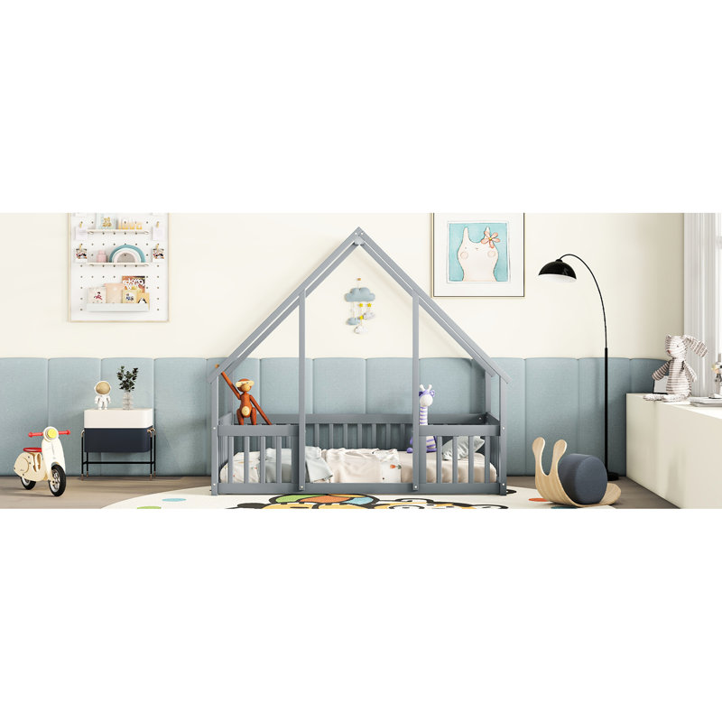 Grey Twin House-Shaped Bed With Guardrails And Fence - Crafted From Materials For A Restful Night's Sleep Wood House Structure Offer Secure Peaceful Sleeping Experience