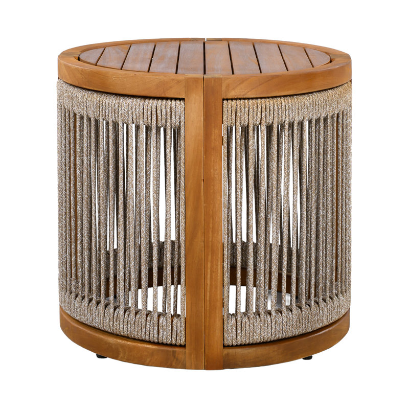 16.9" All-weather Wood Outdoor Side Table, Handwoven Rope Accent, Patio Decor, Low-maintenance, Tint
