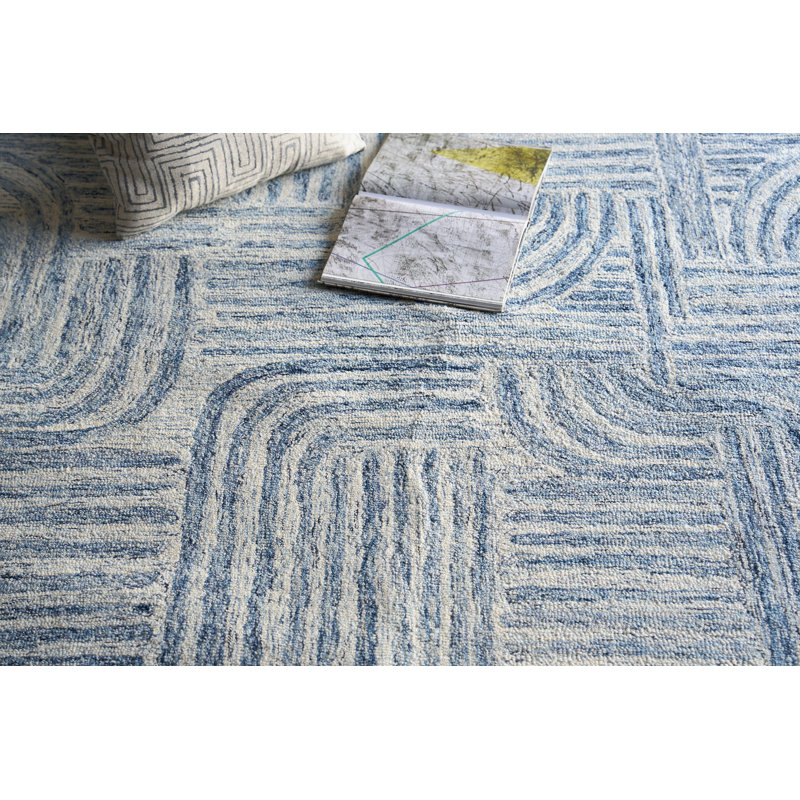 Juno Hand Tufted Geometric Area Rug in Blue/Ivory, Rectangle 8' x 10'
