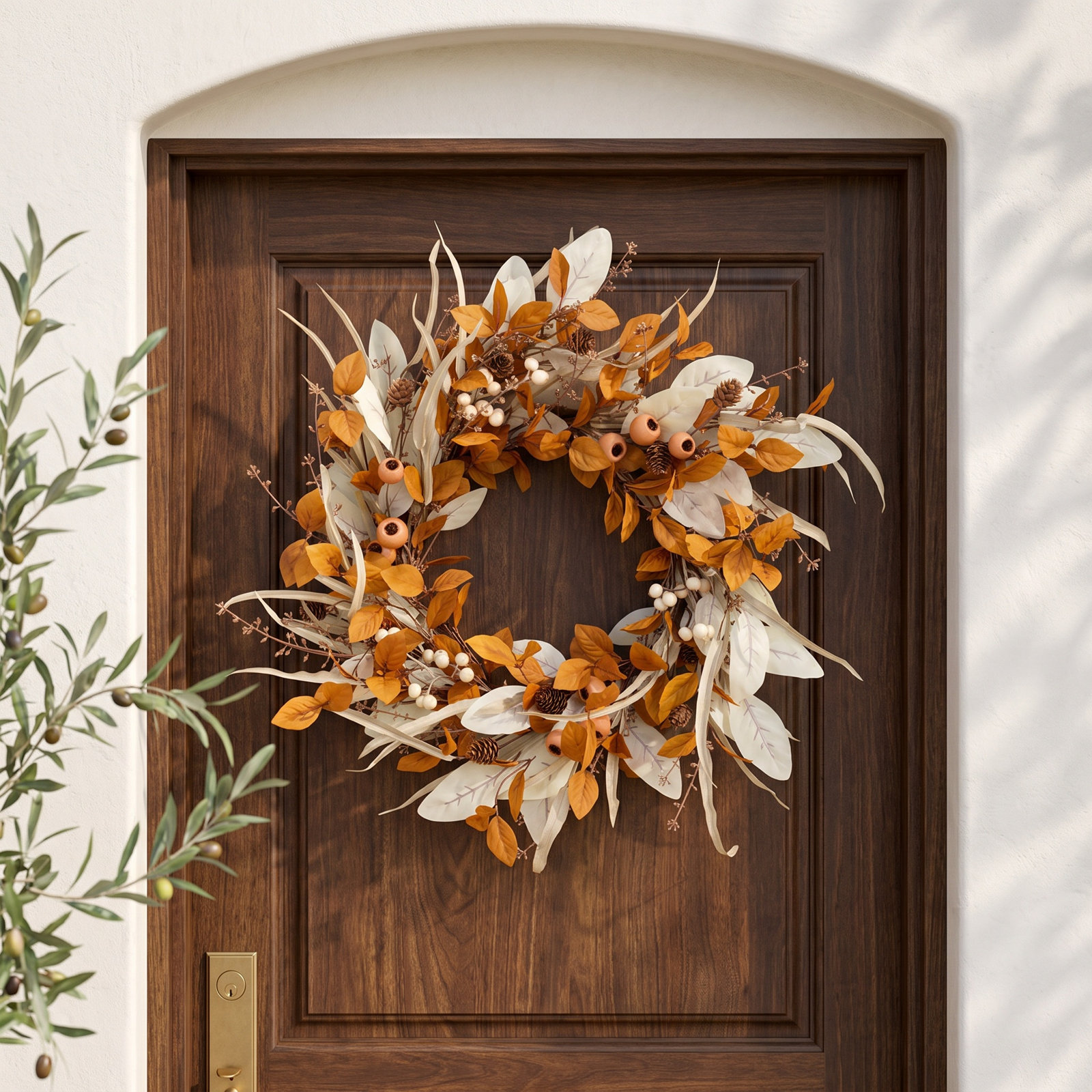 24" Artificial Mixed Foliage Fall Wreath, Brown