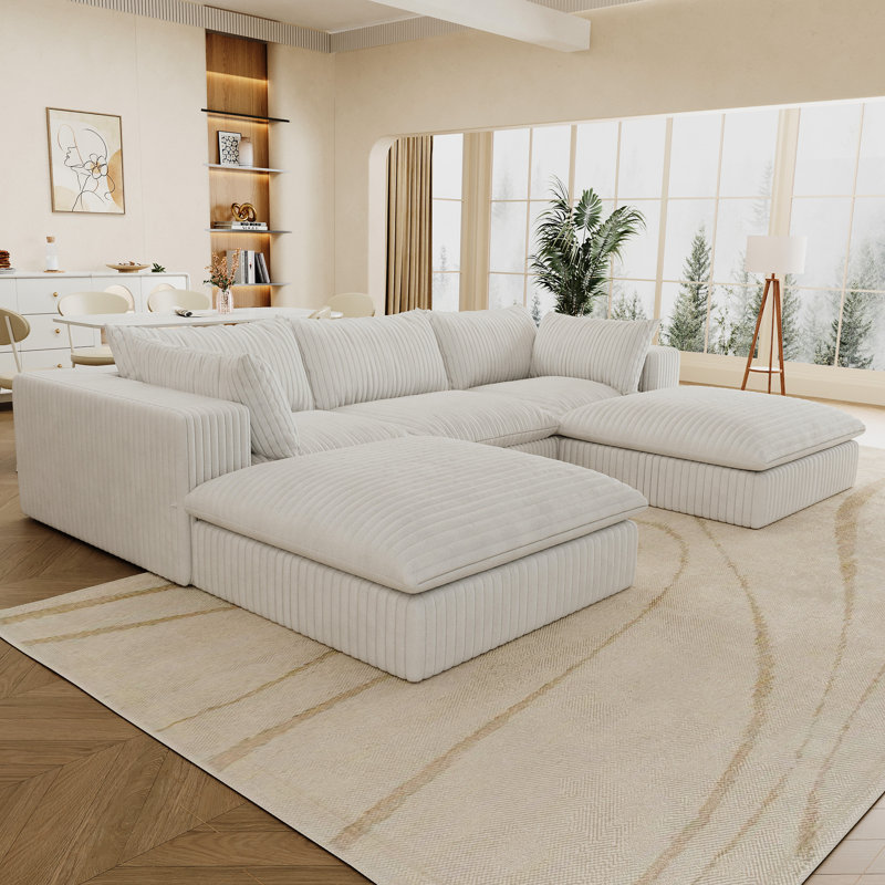 Nuage blanc à 5 places en velours côtelé de 118,2 po avec conception à deux couches, coussin amovible, sans assemblage pour les espaces de lecture et de jeu, douceur rembourrée de plumes, support en éponge en tissu doux, haute densité