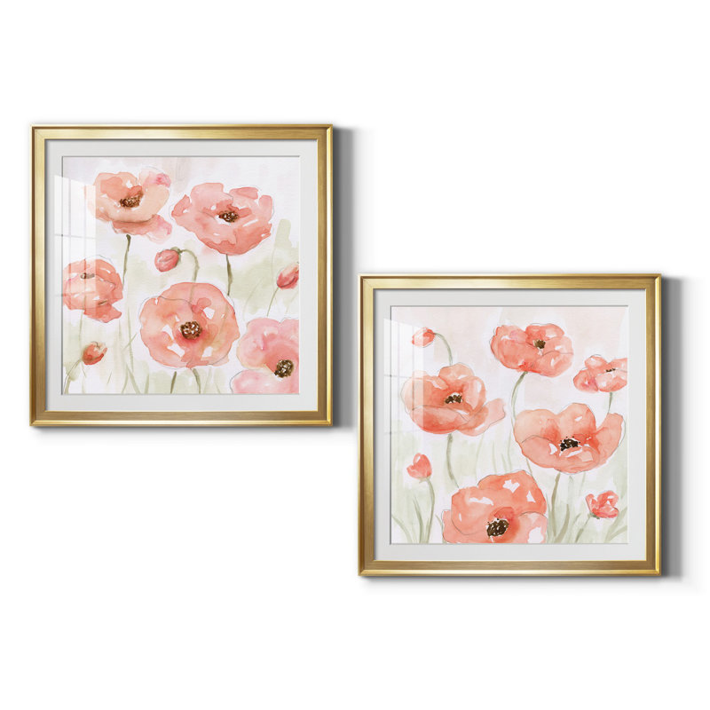 Spring Poppies I - Peinture encadrée sur papier, H 26,5 po x l 53 po x P 1,5 po, Papier encadré doré, Blanc