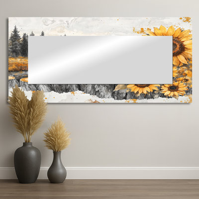 Paysage de tournesols au bord du lac - décoration murale miroir floral - imprimé sur métal
