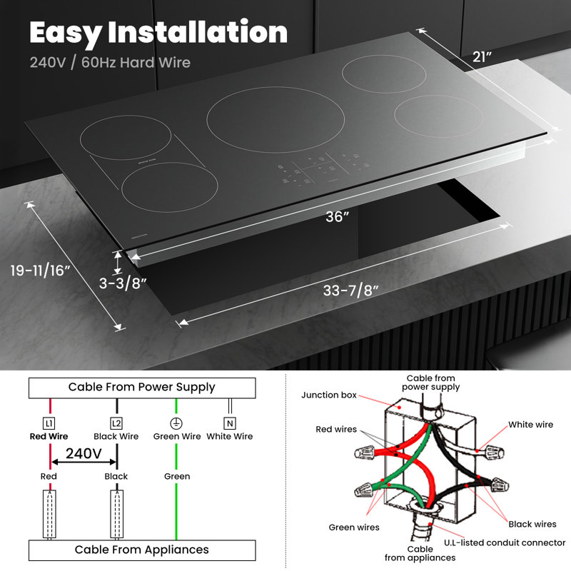 Plaque de cuisson à induction à surface lisse noir mat à 5 brûleurs 36 pouces avec élément pont, mode Boost et commandes tactiles à capteur GASland (240 V)