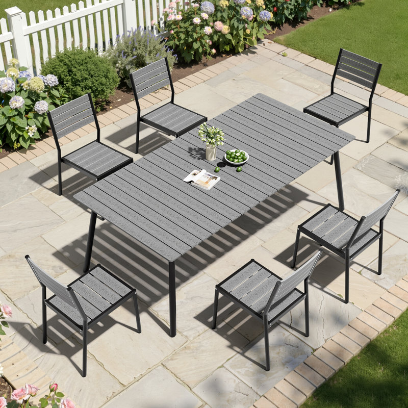 Cyanna 6 - Person Metal Patio Dining Set with Rectangular Table, Gray/Black