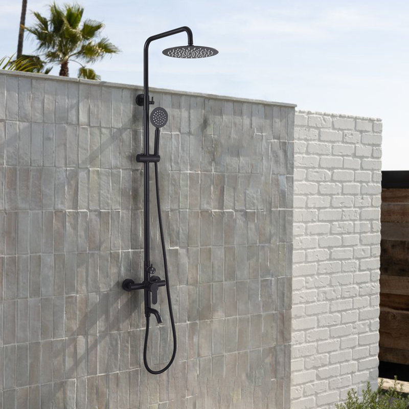 Douche d'extérieur à fixation murale en acier inoxydable de 47 po de hauteur et bec de lavage des pieds, Noir mat
