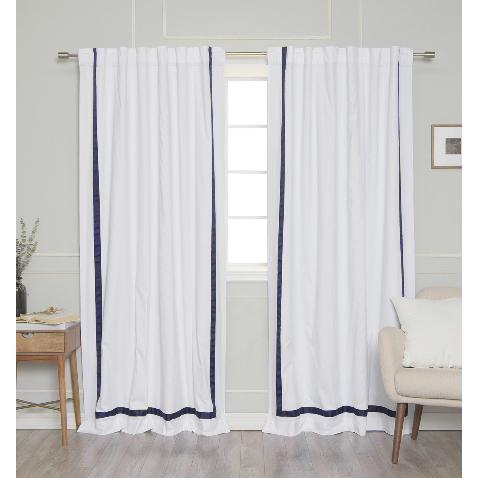 Nico Blackout Cotton Curtain Panel Set, White/Navy