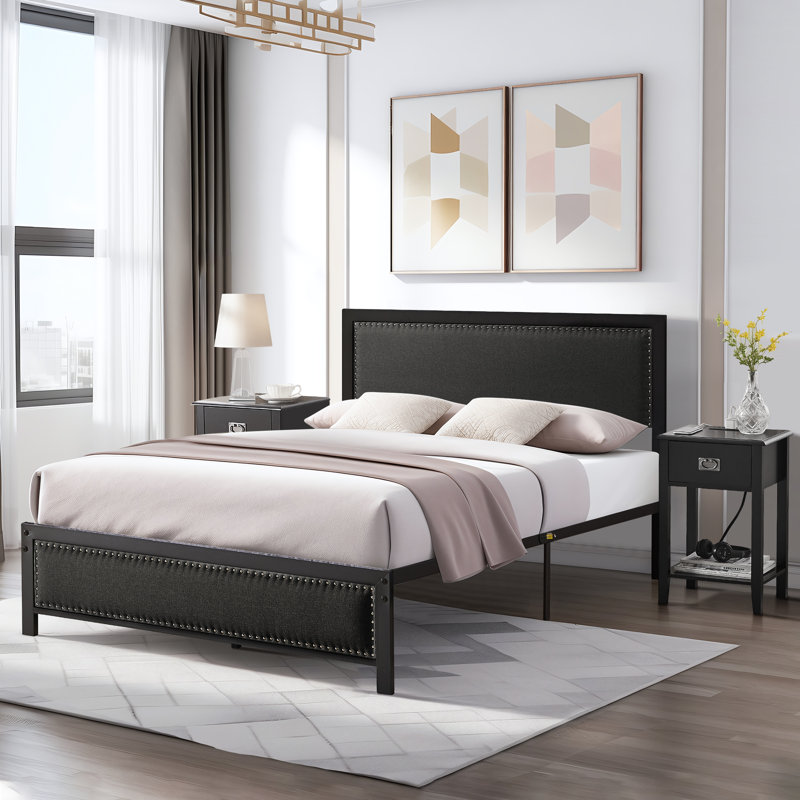 Structure de lit moderne avec tête de lit tapissier et tables de chevet 1 tiroir avec ports de chargement USB, Double