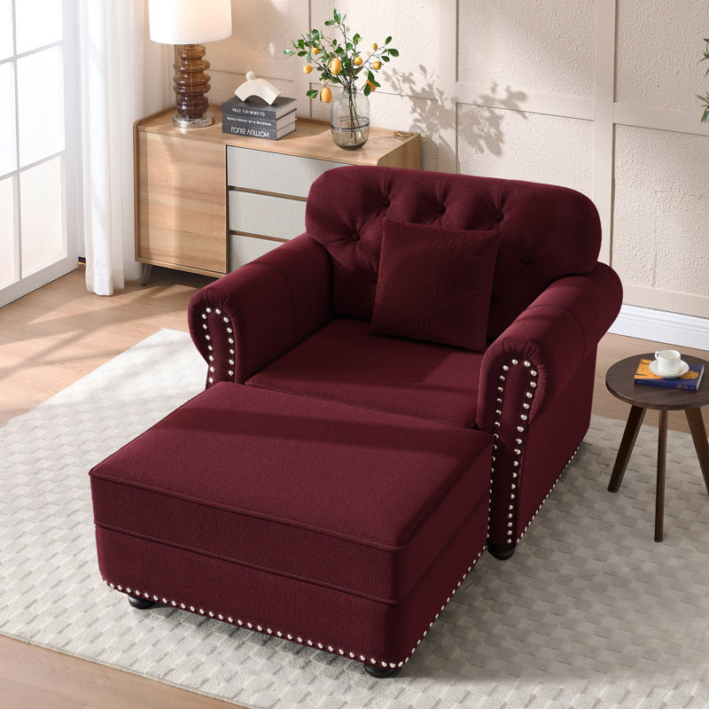 Petit fauteuil d'appoint rembourré avec repose-pieds Mid-Century, Bourgogne