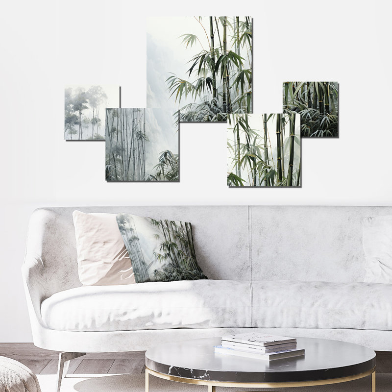 Bambou gris et vert Tranquility II - ensemble d'art mural carré en porcelaine de Chine 5