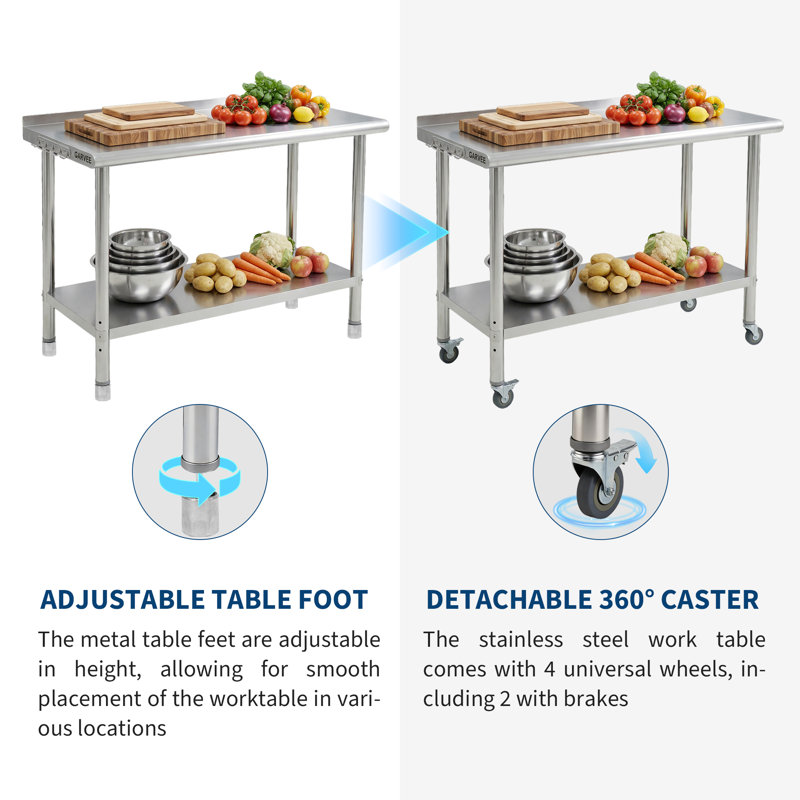 Table de préparation commerciale en acier inoxydable 48 x 24 x 35 po - Établi avec dosseret, tablette réglable, rebord arrondi, 4 pieds réglables - Table robuste pour cuisine de restaurant - Bord courbé