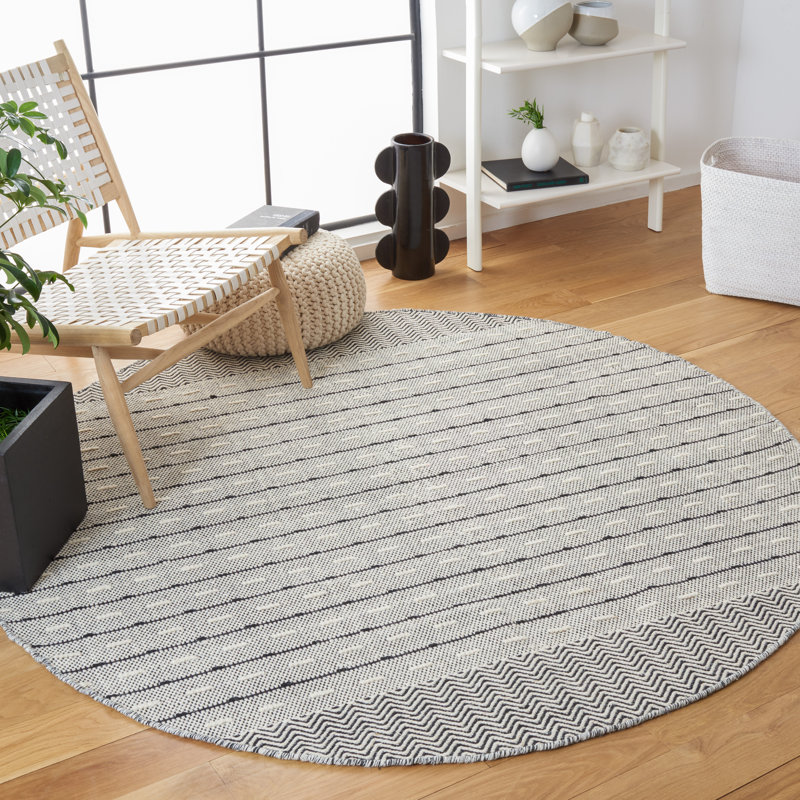 Vermont Flat Weave Wool/Cotton Striped Rug in Black/White, Round 6'