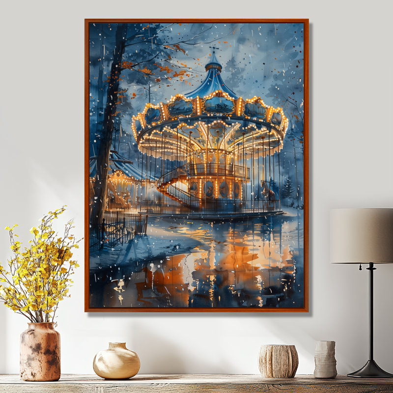 Carrousel cheval jaune et jaune, Toile avec cadre flottant brun, H 20 po x l 12 po x P 1 po