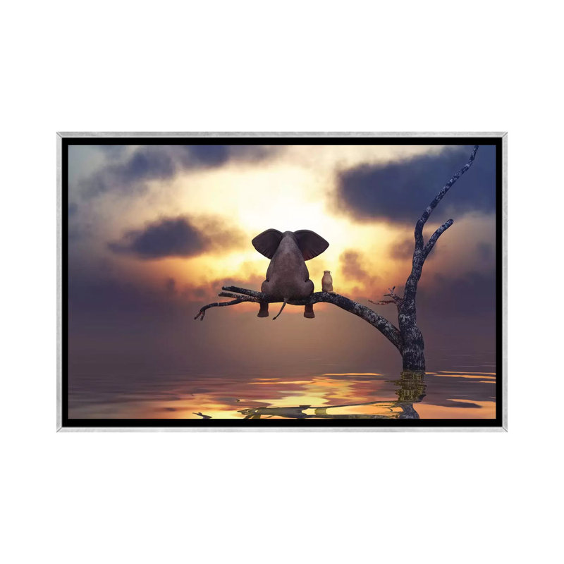 Éléphant et chien sont assis sur un arbre par Mike Kiev-reproduction d’art, H 18 po x l 26 po x P 1,5 po, Pas de tapis