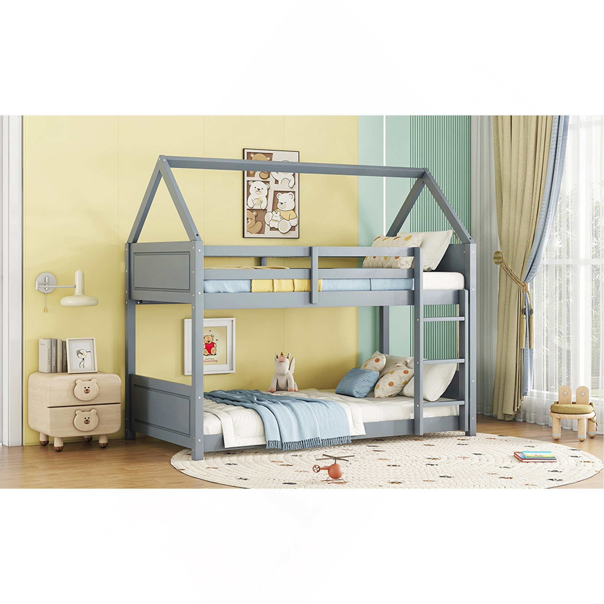 Ophelia & Co. Twin Over Twin House Floor Bunk Bed With Headboards ...