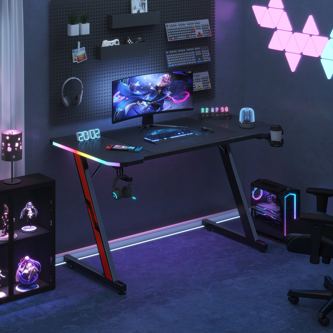 Edica Carbon Fibre Surface LED Gaming Computer Desk with Cup Holder & Headphone Hook Inbox Zero 