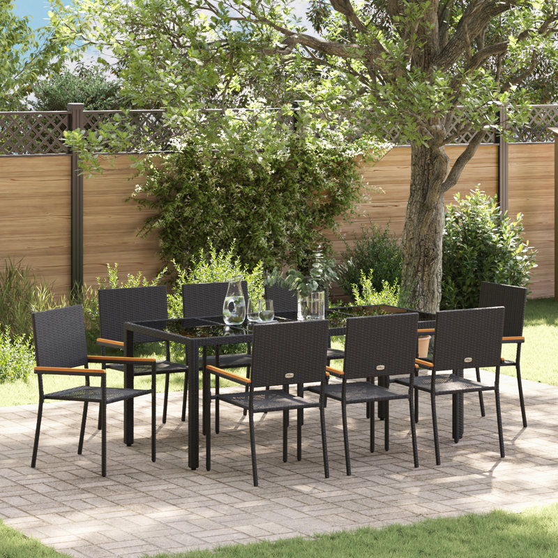 9 Piece Garden Dining Set Poly Rattan, Black