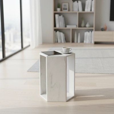 Table d'appoint hexagonale en marbre blanc, mesurant 16 cm x 40 cm, idéale pour les petites tasses à café, avec des veines naturelles uniques.