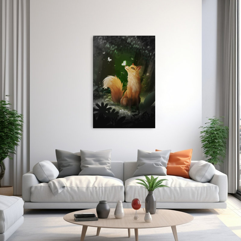 Fox And Butterfly Magic Abstract Contemporary Butterfly Fox Forest Landscape Wall Art Print, 152.4cm H x 101.6cm W